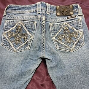 Miss Me Light Blue Boot Cut Jeans with Fleur-de-Lis Design 28x34